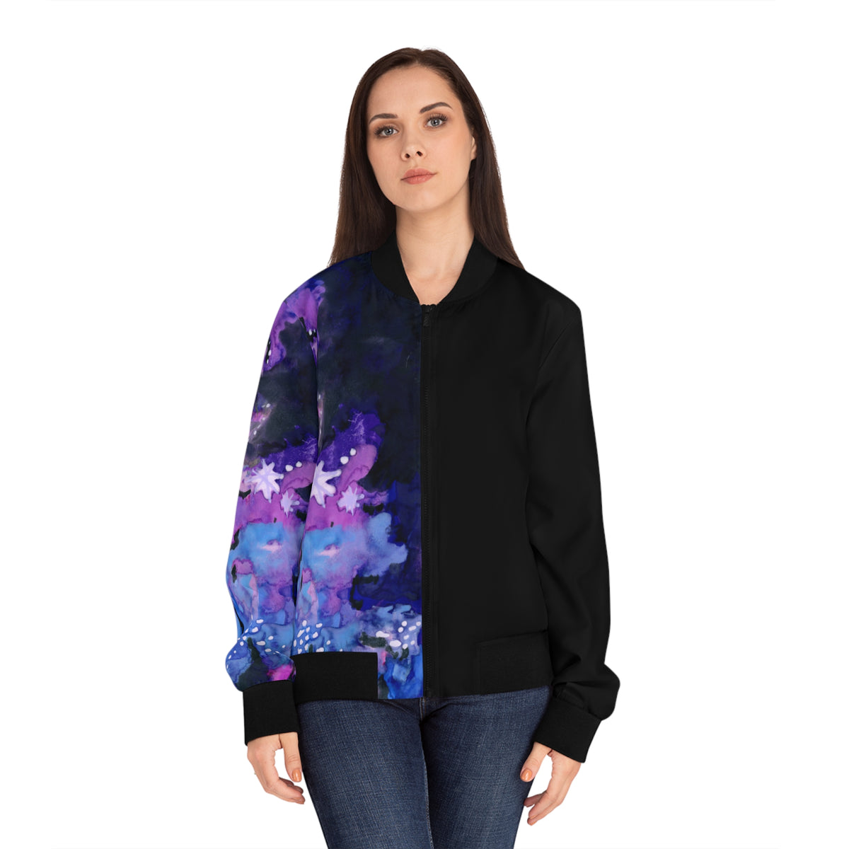 Galaxy Watercolor Bomber Jacket — Purple Space Planet AOP
