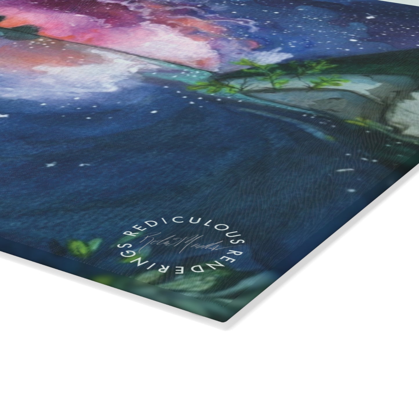 Glass Cutting Board - Aurora Lake Nightscape Art