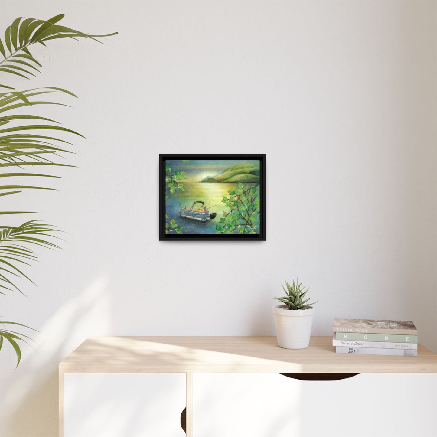 Pontoon Boat on Lake Framed Wall Art