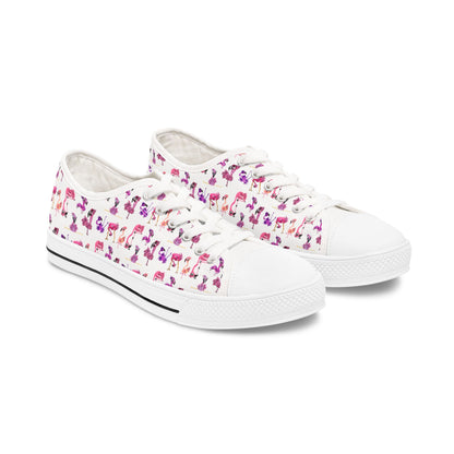 Women's Low Top Sneakers — White Backed Pink Flamingo Pattern Casual Canvas Shoes