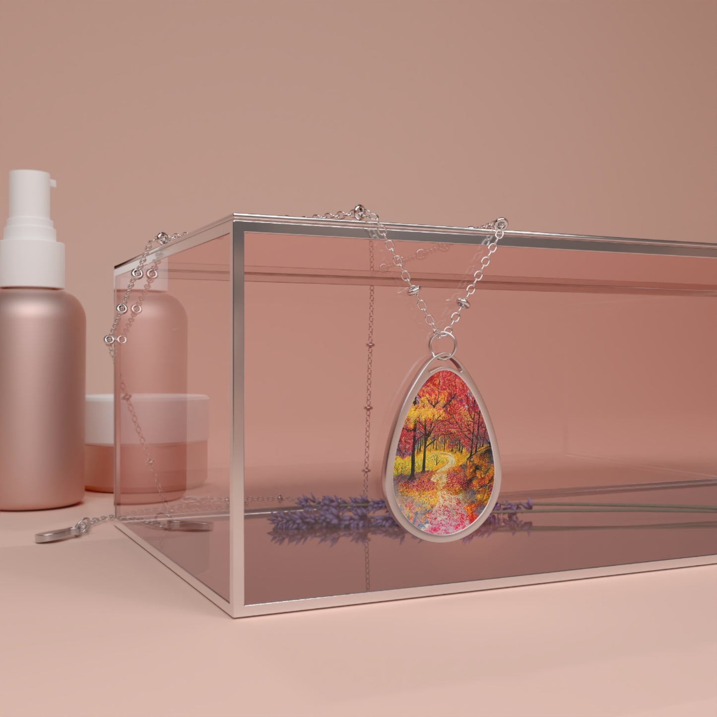 Silver Oval Pendant Necklace with Hand-painted Fall Forest Road Nature Art