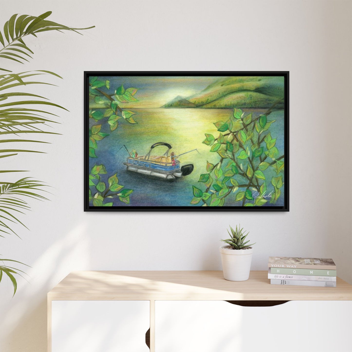 Pontoon Boat on Lake Framed Wall Art