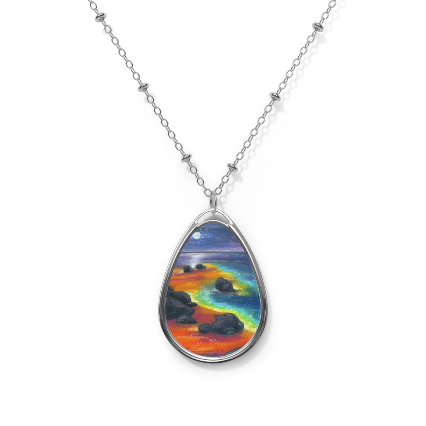 Silver Oval Pendant Necklace with Hand-painted Boho Night Beach Nature Art