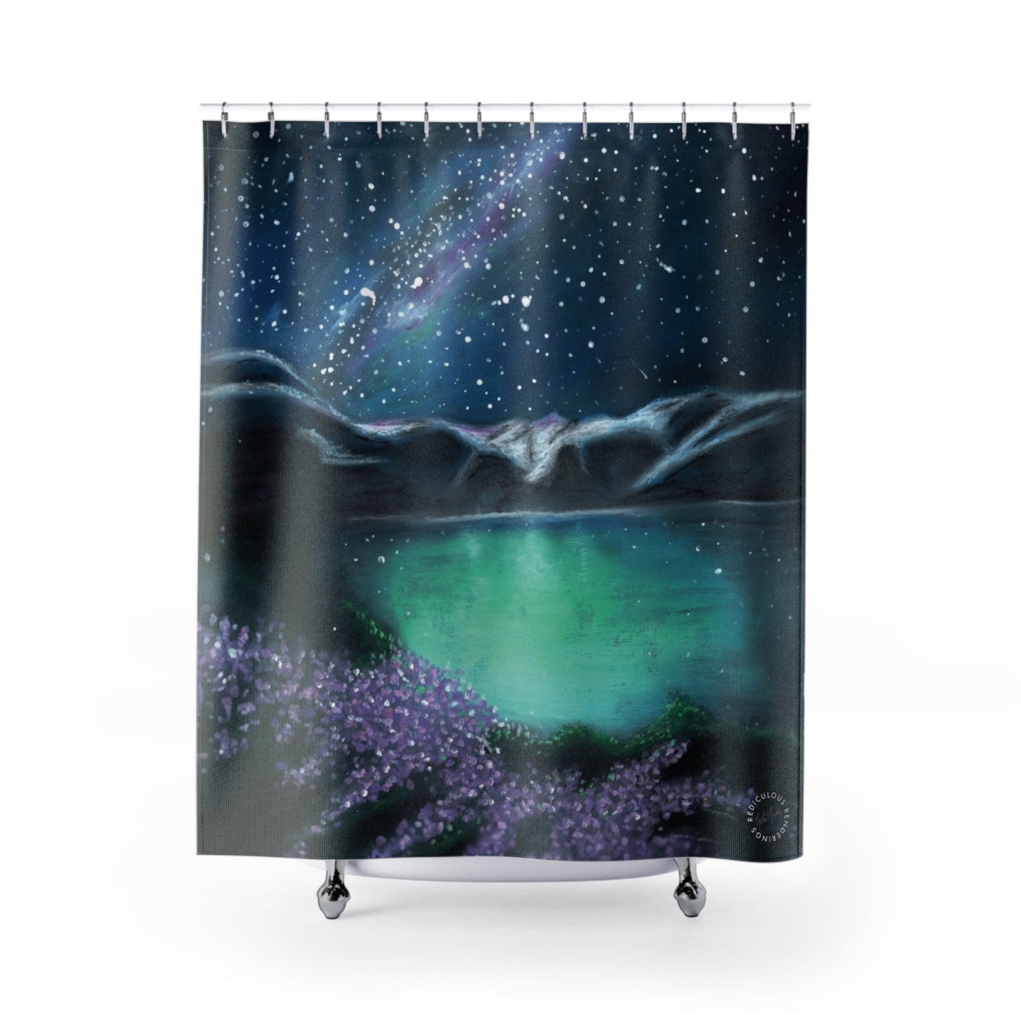 Northern Lights Lake Shower Curtain — Starry Night Aurora Bathroom Decor