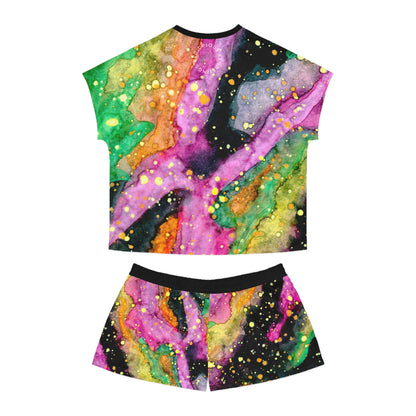 Women's Colorful Galaxy Short Pajama Set — Abstract Watercolor Marble Sleepwear