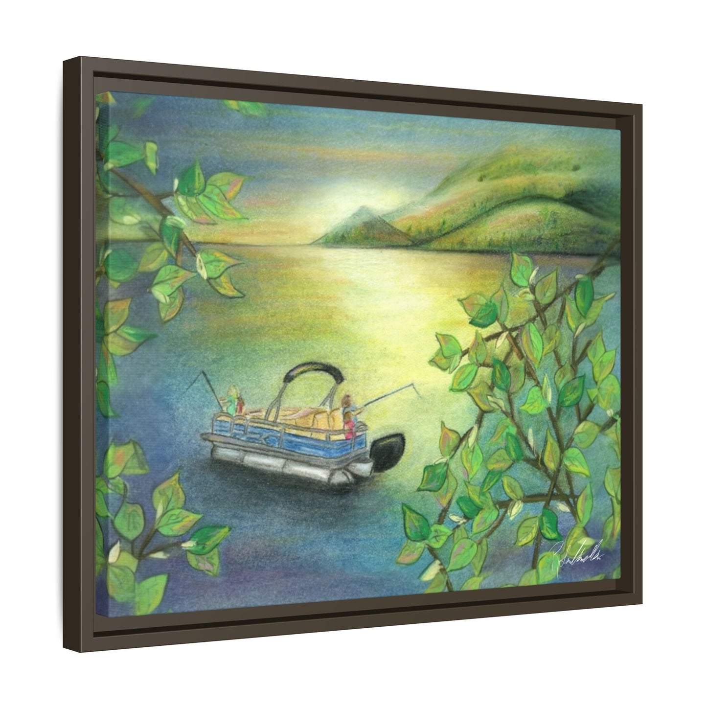 Pontoon Boat on Lake Framed Wall Art