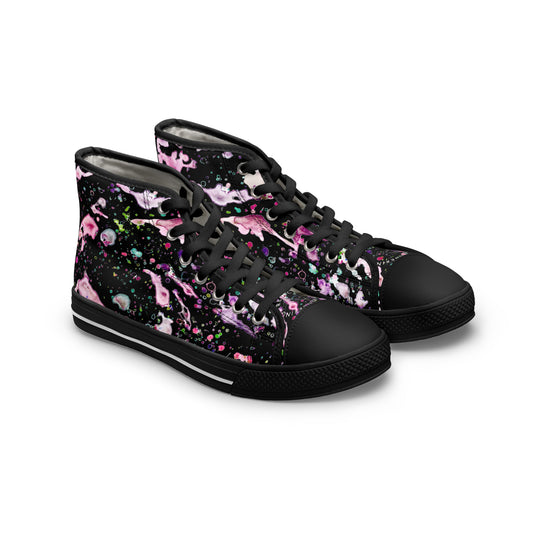 High-Top Sneakers — Pink & Black Paint Splatter Women's Canvas Shoes