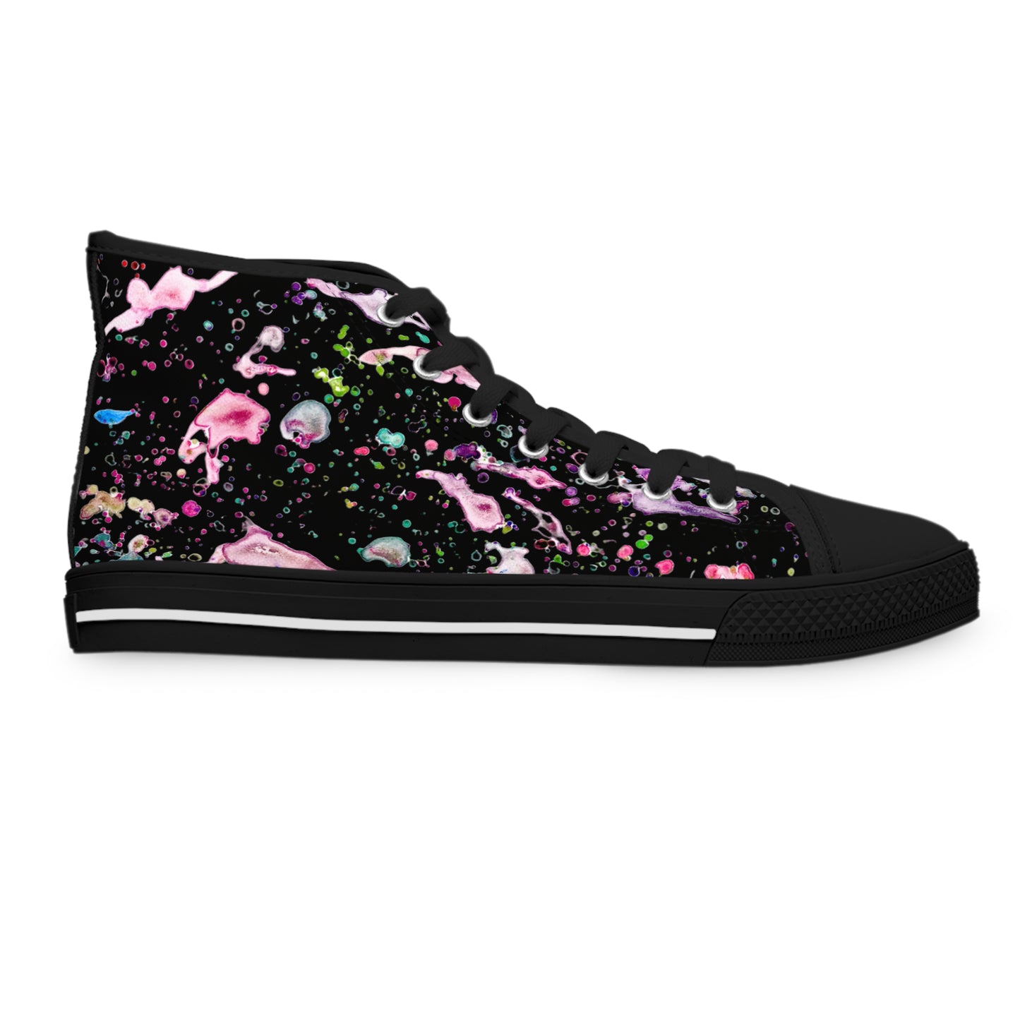 High-Top Sneakers — Pink & Black Paint Splatter Women's Canvas Shoes
