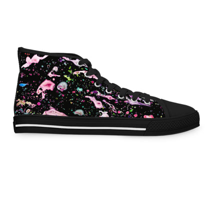 High-Top Sneakers — Pink & Black Paint Splatter Women's Canvas Shoes