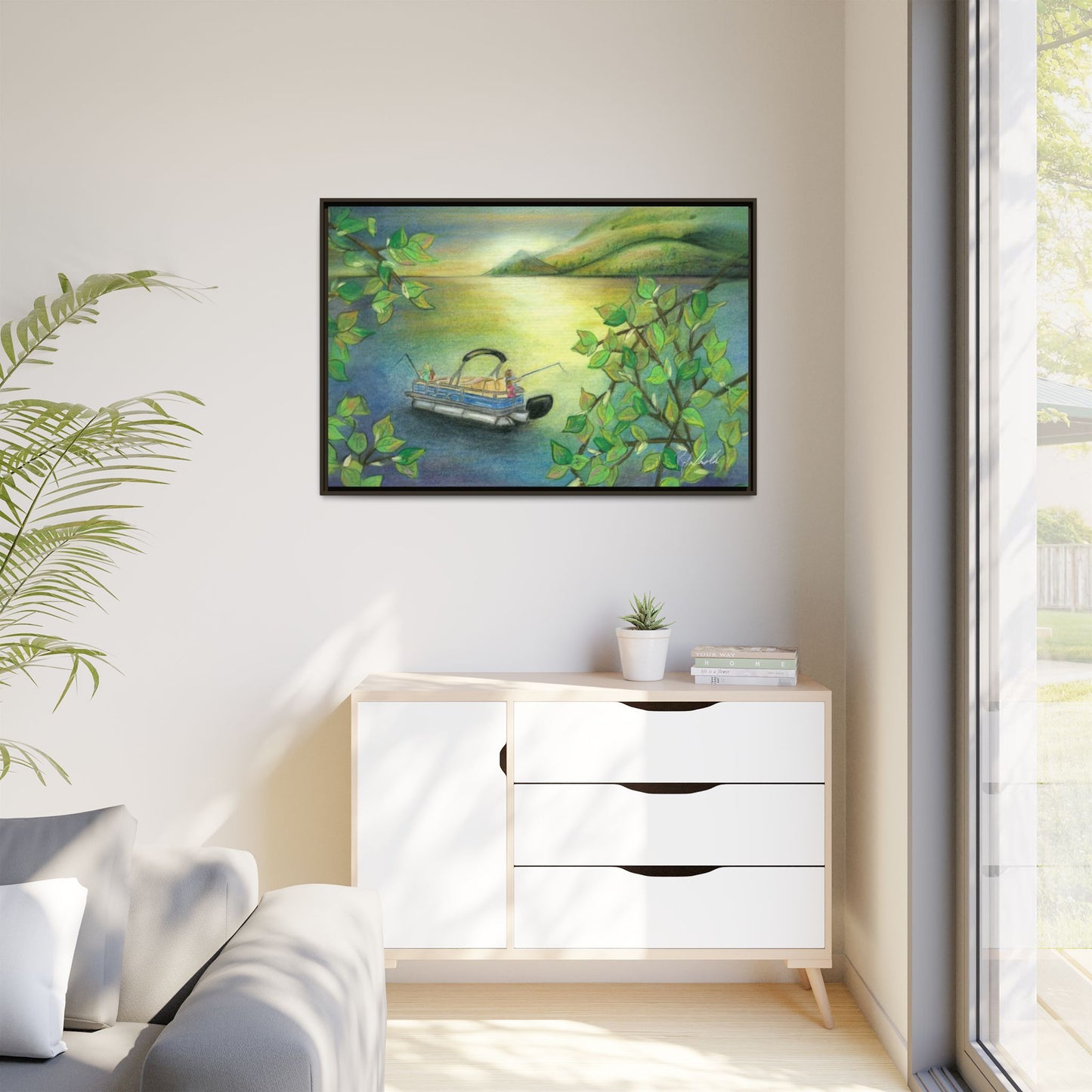 Pontoon Boat on Lake Framed Wall Art