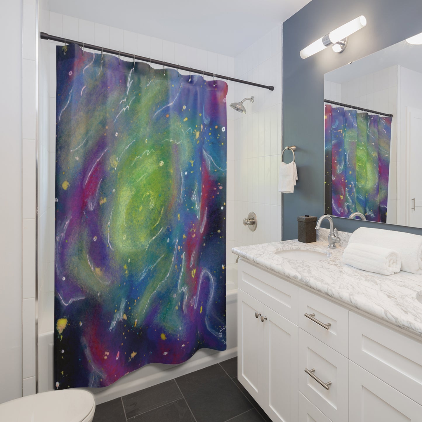 Rainbow Vortex Galaxy Shower Curtains for Home Bathroom with Durable One-Sided Print and Waterproof Polyester Material