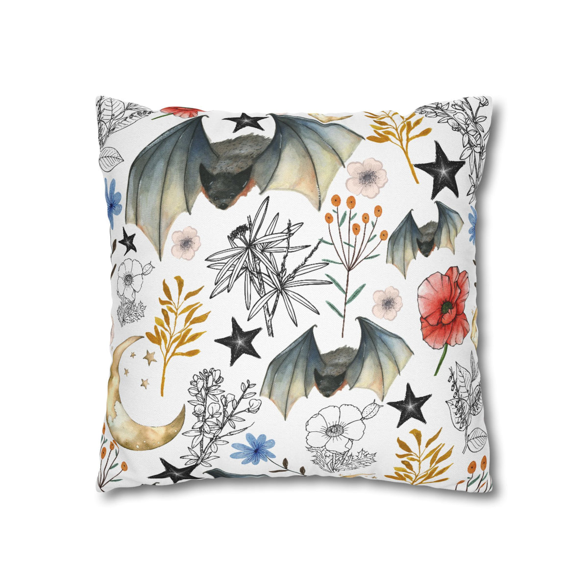 Botanical Night Bat Pillowcase — Floral Moon & Stars Throw Pillow Cover