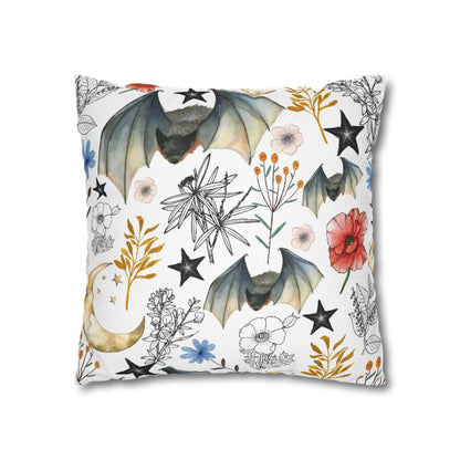 Botanical Night Bat Pillowcase — Floral Moon & Stars Throw Pillow Cover