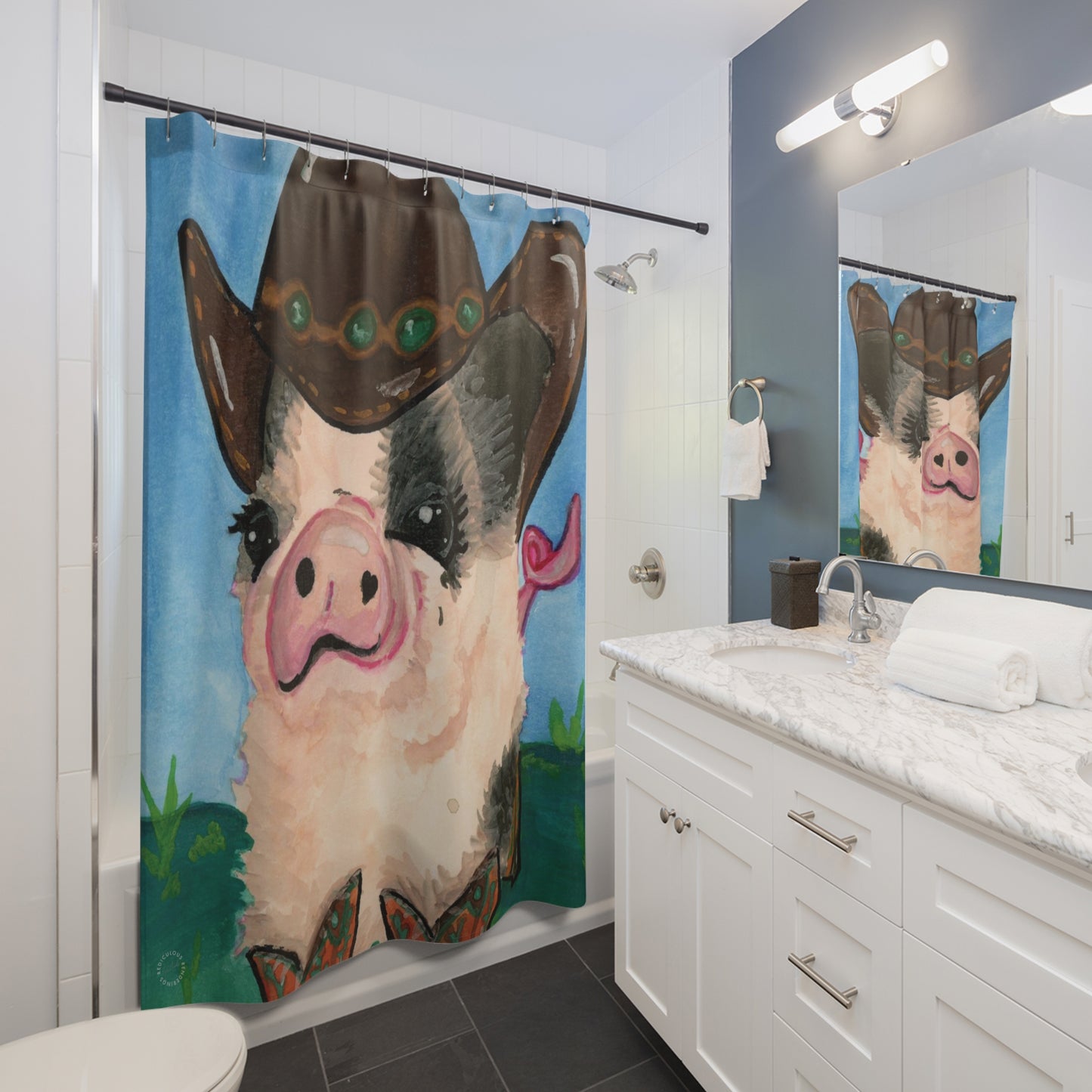 Cowboy Pig Shower Curtain for Home Bathroom with Durable One-Sided Print and Waterproof Polyester Material