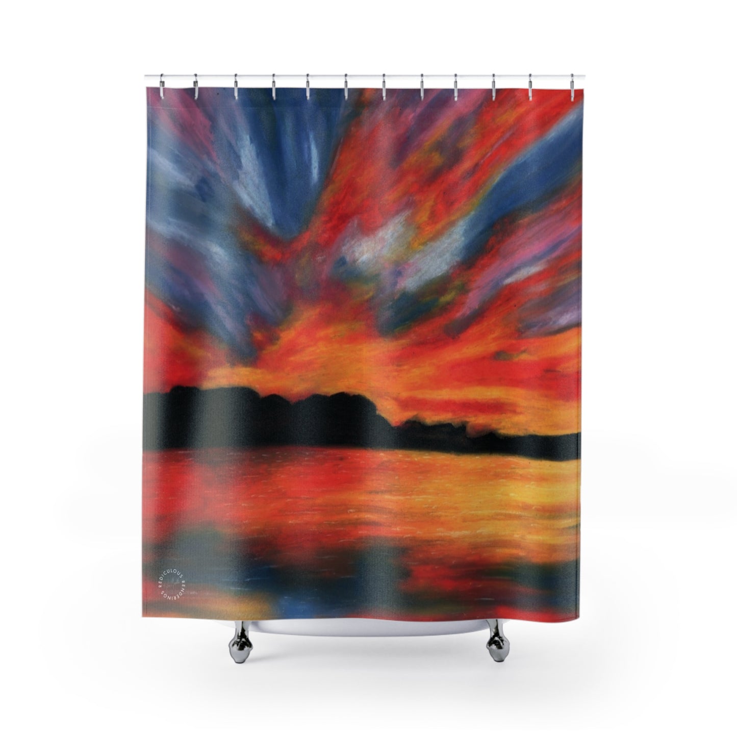Sunset Abstract Shower Curtain — Vibrant Red & Blue Ocean Sunset Bathroom Decor