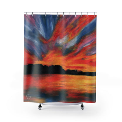 Sunset Abstract Shower Curtain — Vibrant Red & Blue Ocean Sunset Bathroom Decor
