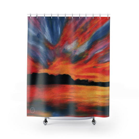 Sunset Abstract Shower Curtain — Vibrant Red & Blue Ocean Sunset Bathroom Decor