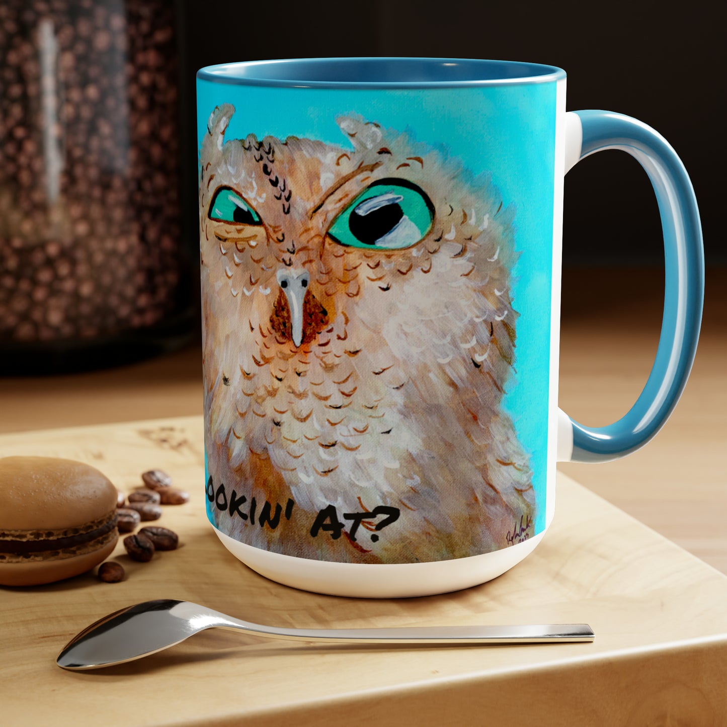 Hoo You Looking at Owl Two-Tone Coffee Mugs, 15oz