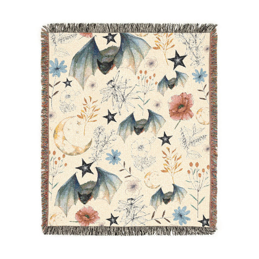 Celestial Bat Woven Blanket — Moon & Star Throw with Botanical Accents