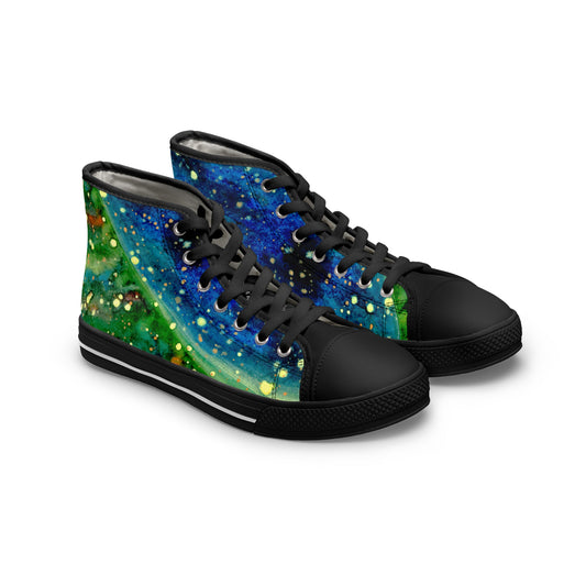 Galaxy Swirl High Top Sneakers — Women's Cosmic Blue & Green Art Shoes