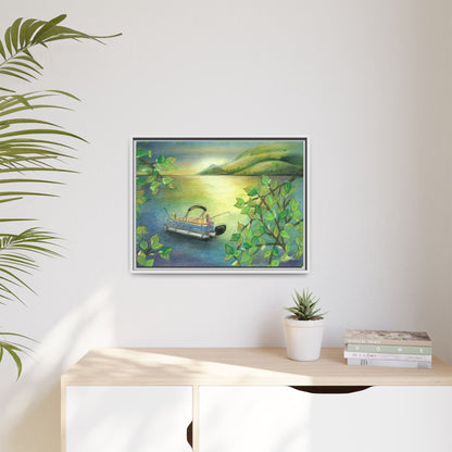Pontoon Boat on Lake Framed Wall Art
