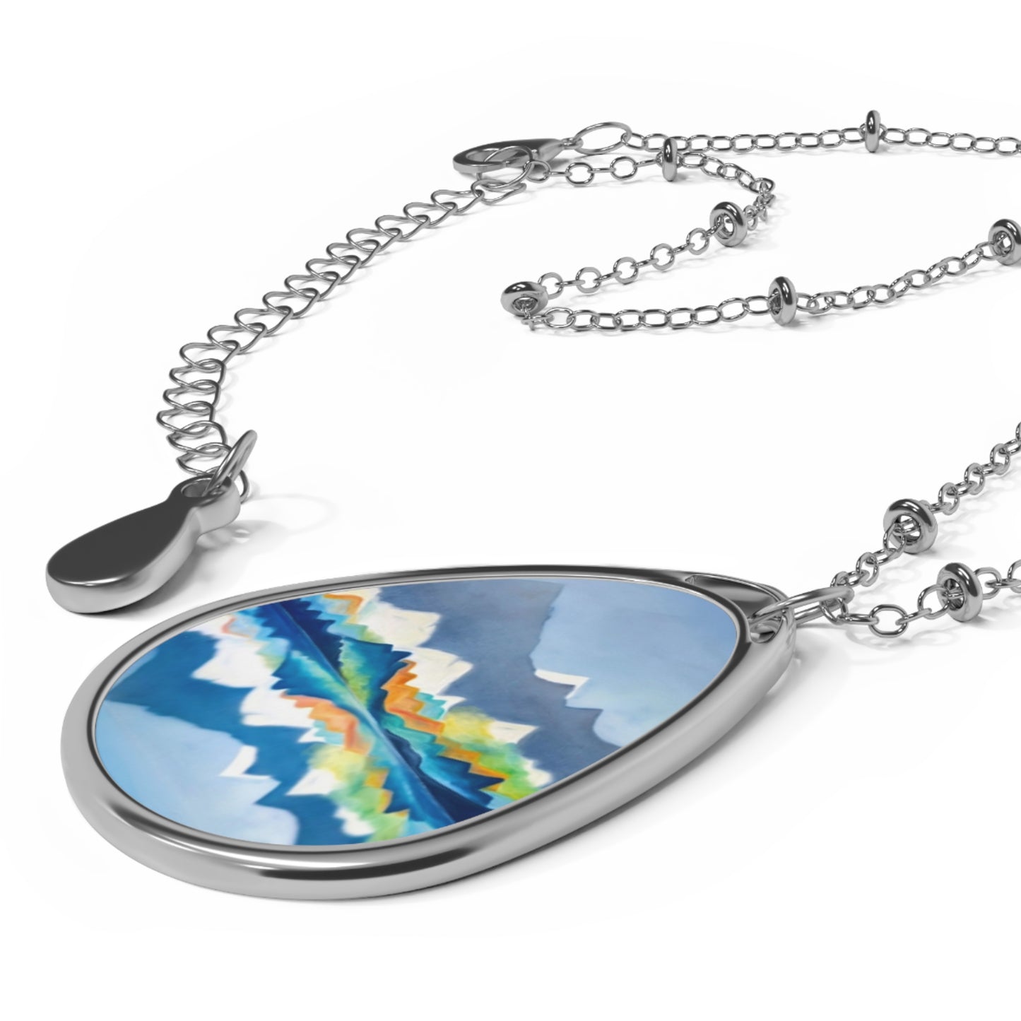 Silver Oval Pendant Necklace with Hand-painted Blue Mountain Range Art