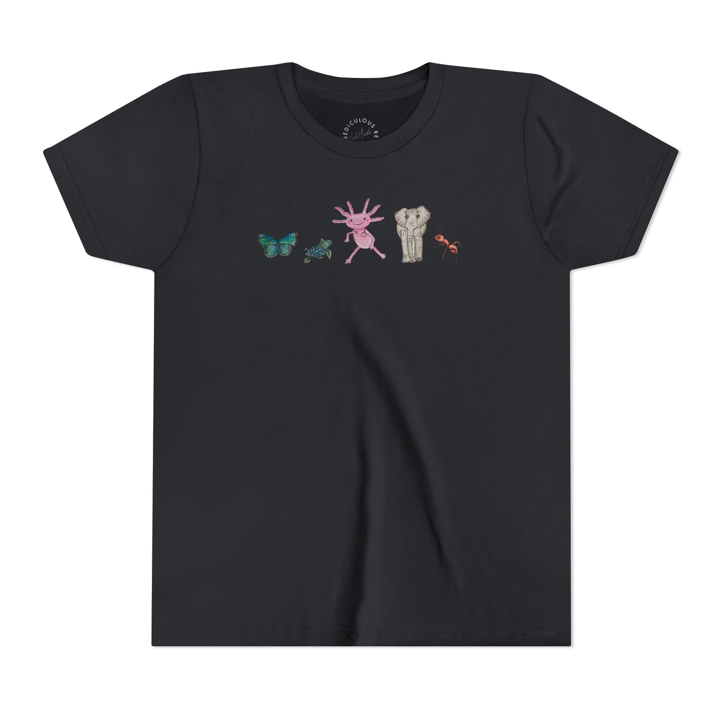 Youth Tee — Whimsical Critters (butterfly, ant, axolotl, elephant)