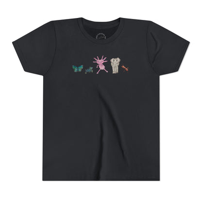 Youth Tee — Whimsical Critters (butterfly, ant, axolotl, elephant)