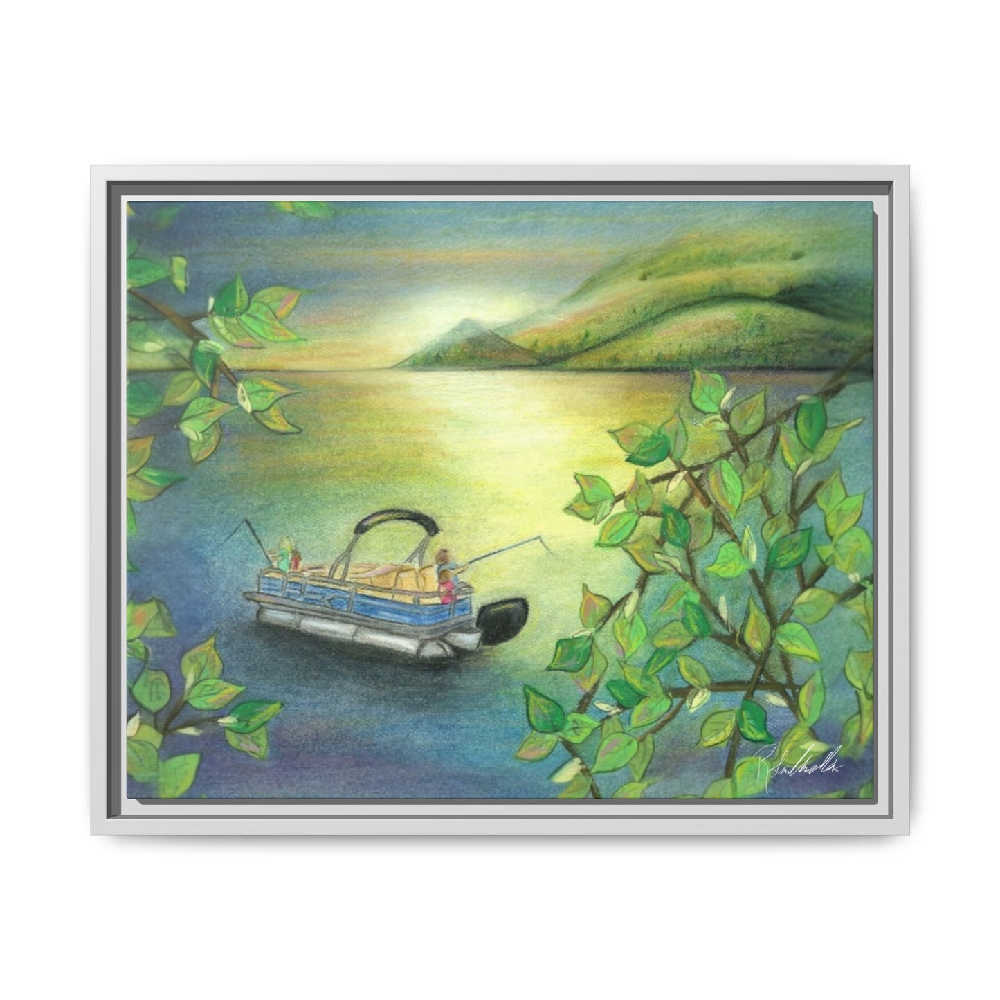 Pontoon Boat on Lake Framed Wall Art
