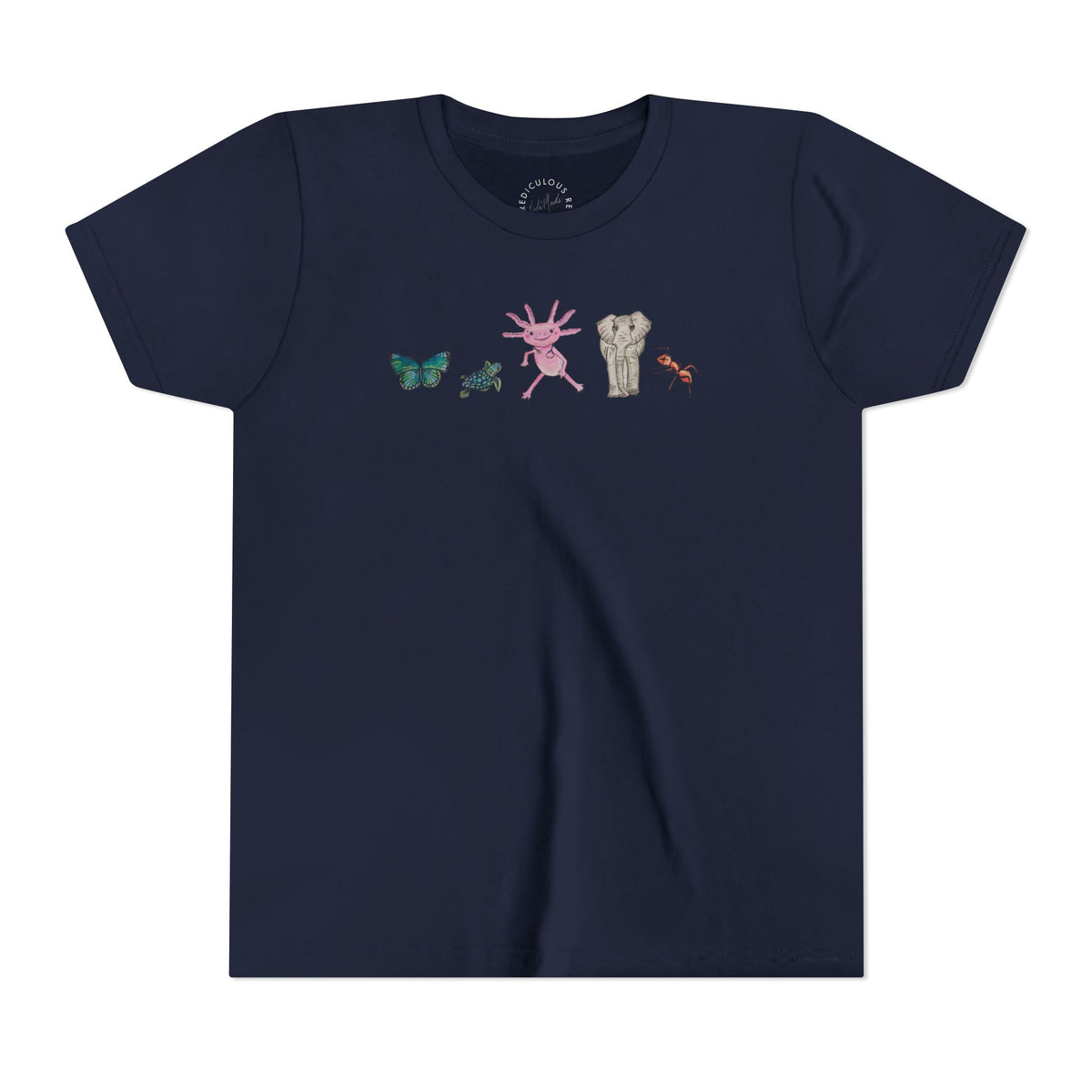 Youth Tee — Whimsical Critters (butterfly, ant, axolotl, elephant)