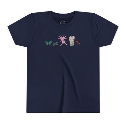 Youth Tee — Whimsical Critters (butterfly, ant, axolotl, elephant)