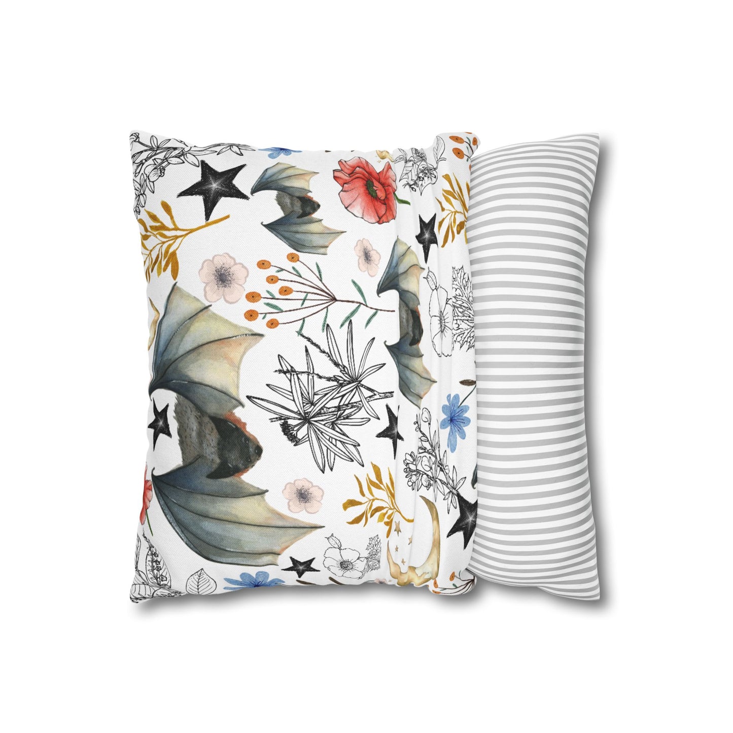 Botanical Night Bat Pillowcase — Floral Moon & Stars Throw Pillow Cover