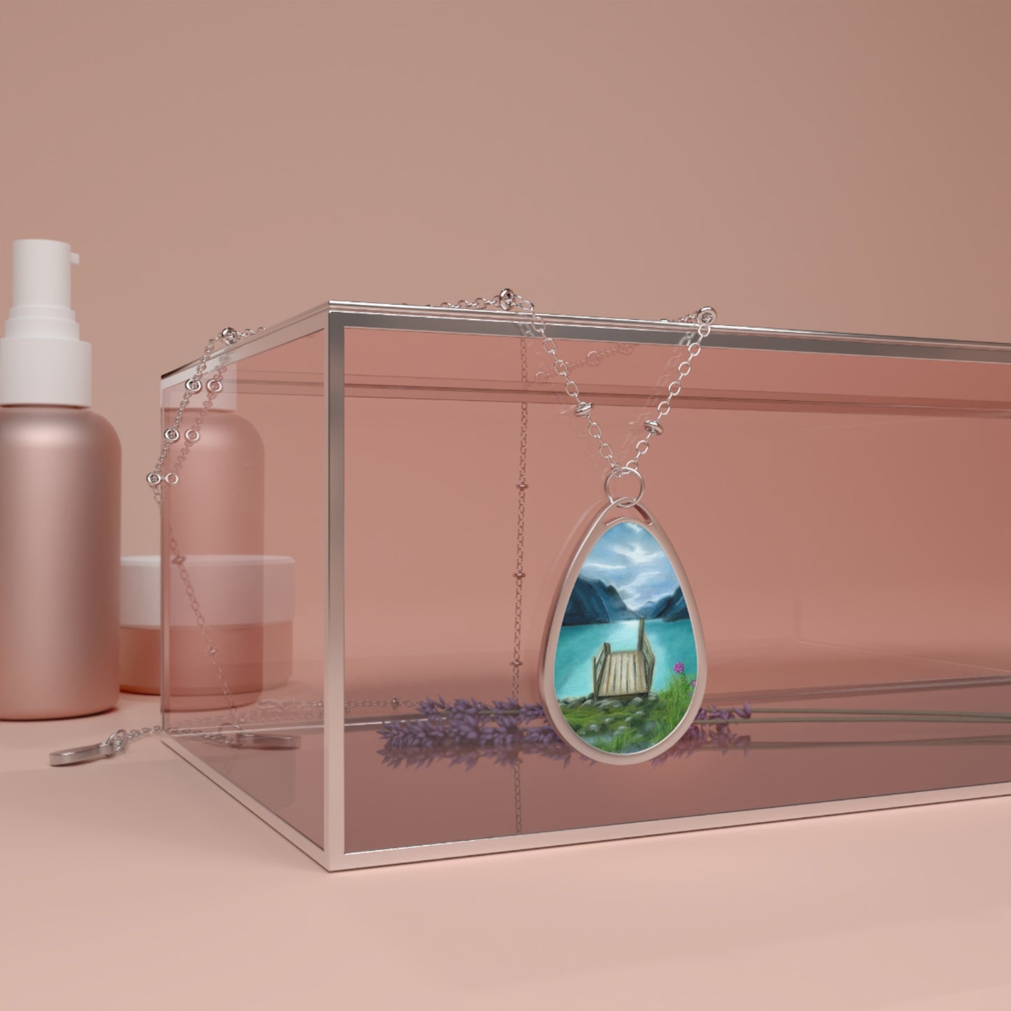 Silver Oval Pendant Necklace with Hand-painted Peaceful Lake Retreat Art