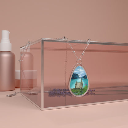 Silver Oval Pendant Necklace with Hand-painted Peaceful Lake Retreat Art