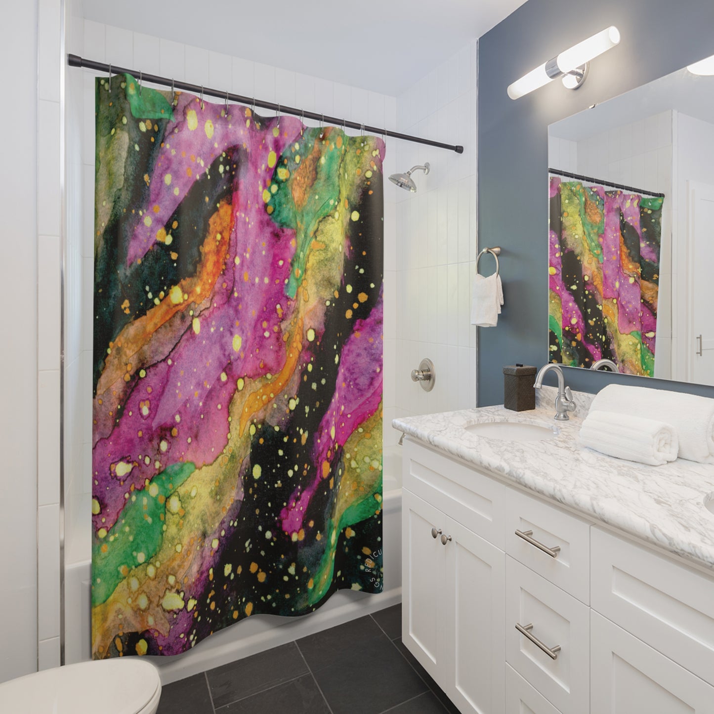 Neon Galaxy Shower Curtain for Home Bathroom with Durable One-Sided Print and Waterproof Polyester Material