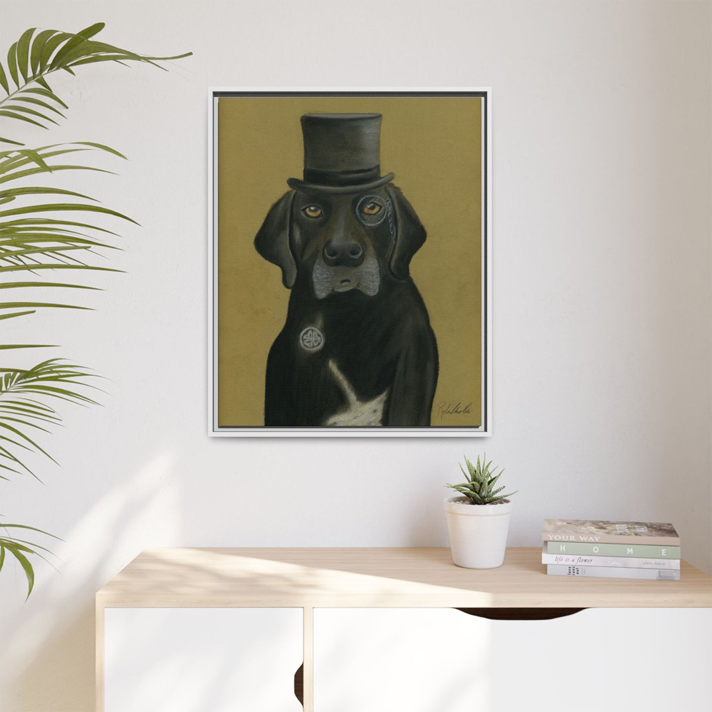 Black Lab Dog in Top Hat Framed Wall Art