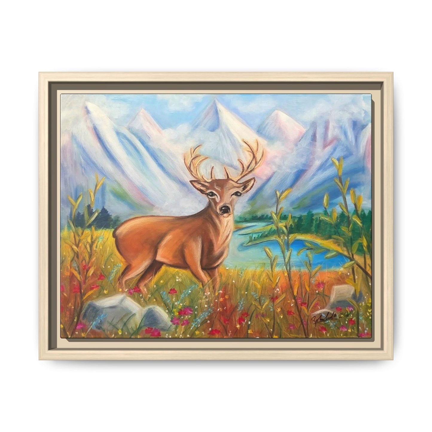 Framed Canvas Wall Art — Majestic Deer in Mountain Meadow