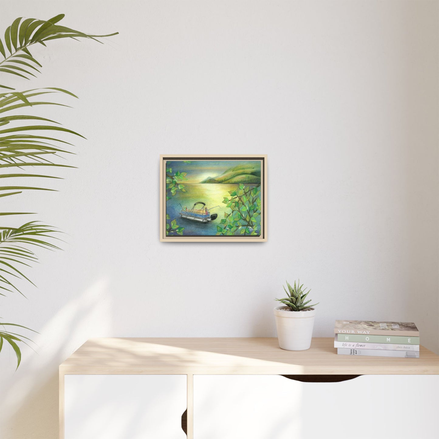 Pontoon Boat on Lake Framed Wall Art