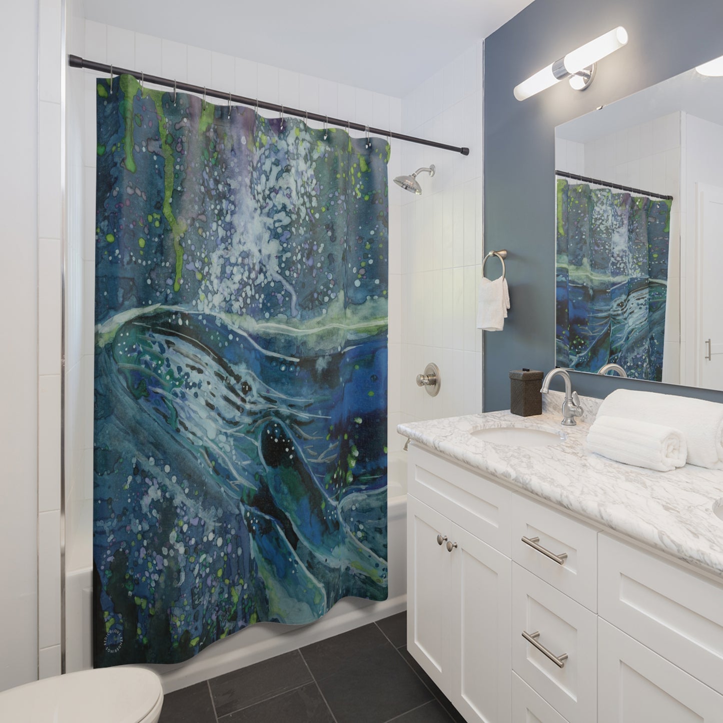 Whale Shower Curtain for Home Bathroom with Durable One-Sided Print and Waterproof Polyester Material