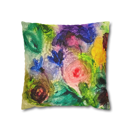 Abstract Floral Pillowcase - Colorful Watercolor Garden Throw Pillow
