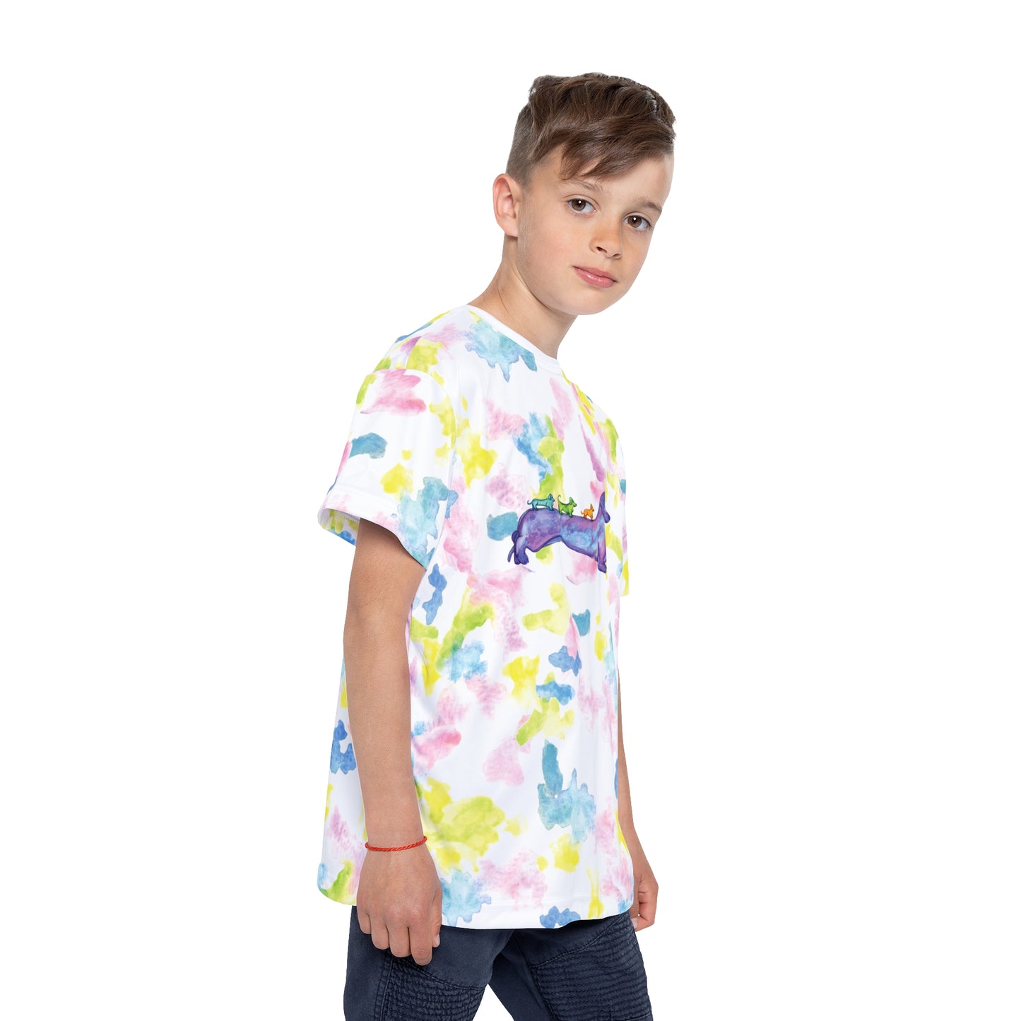 Kids Jersey — Watercolor Tie-Dye Dachshund Crew with 'Good Vibes'
