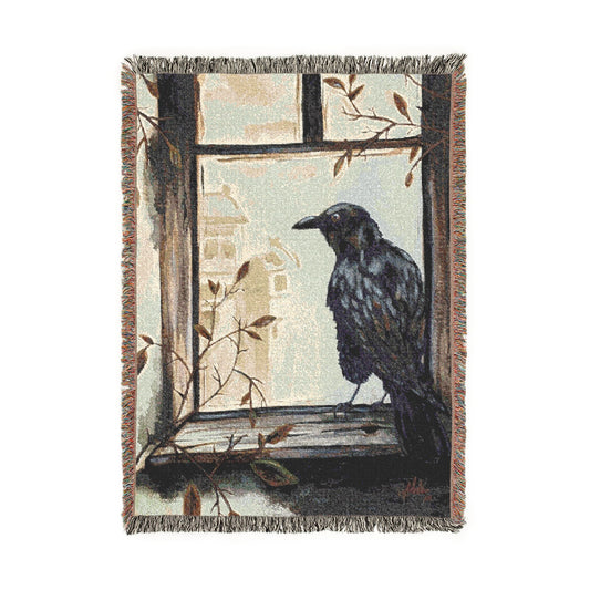 Raven in Window Woven Blanket — Cozy Cottagecore Throw with Colorful Fringes