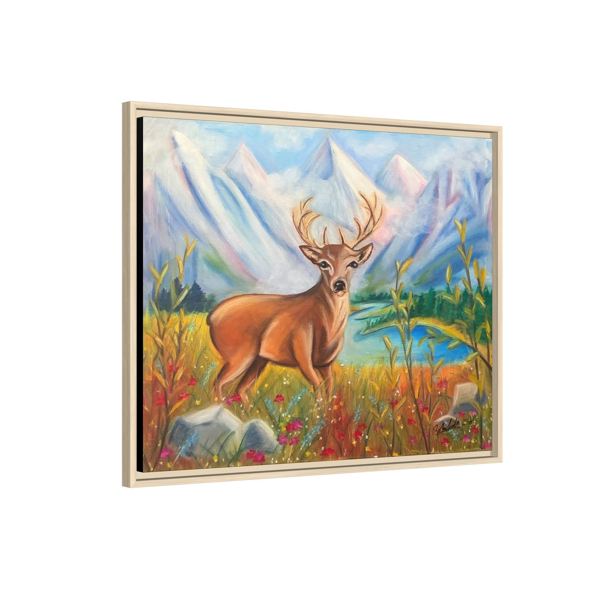 Framed Canvas Wall Art — Majestic Deer in Mountain Meadow
