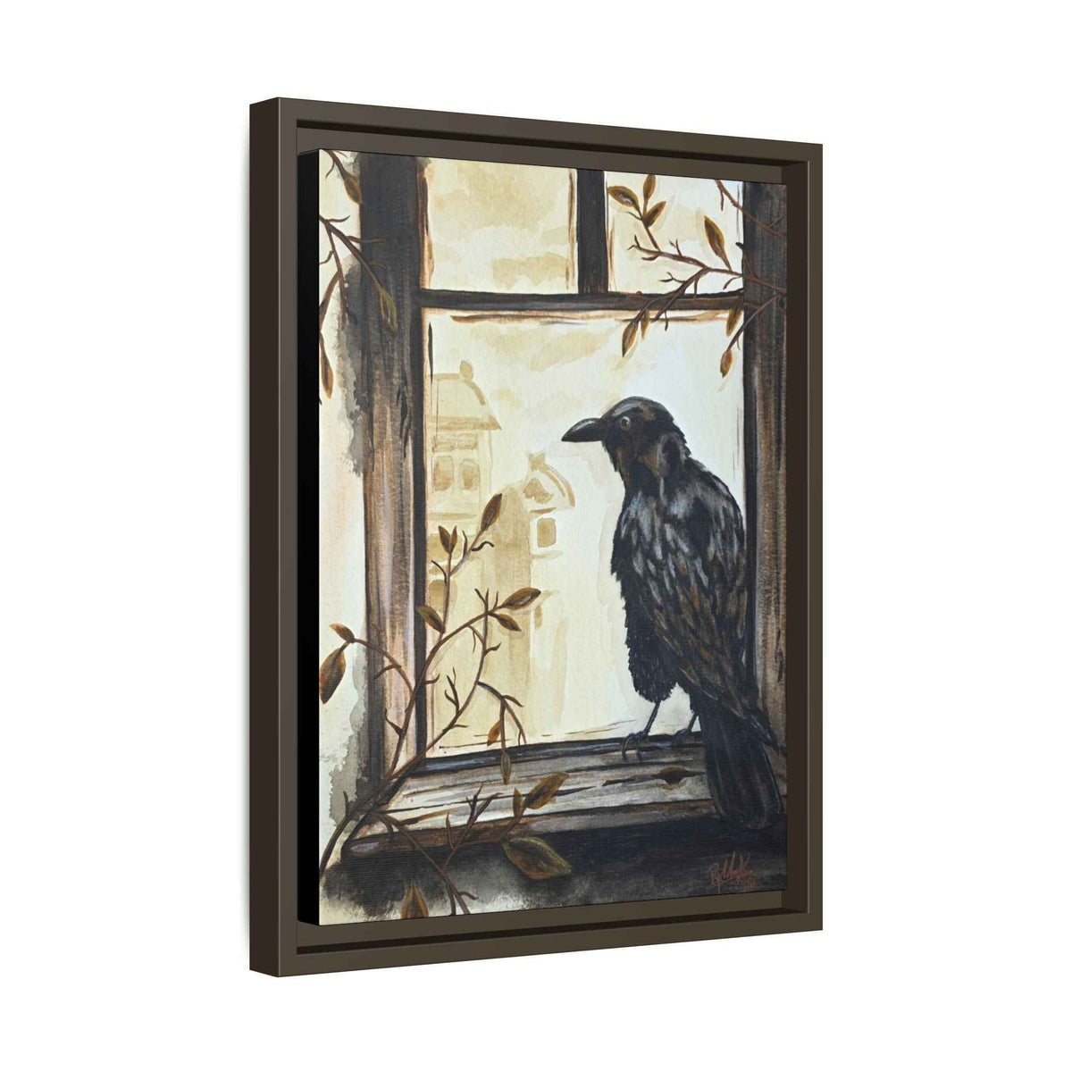 Framed Matte Canvas Print — Raven on Windowpane Wall Art