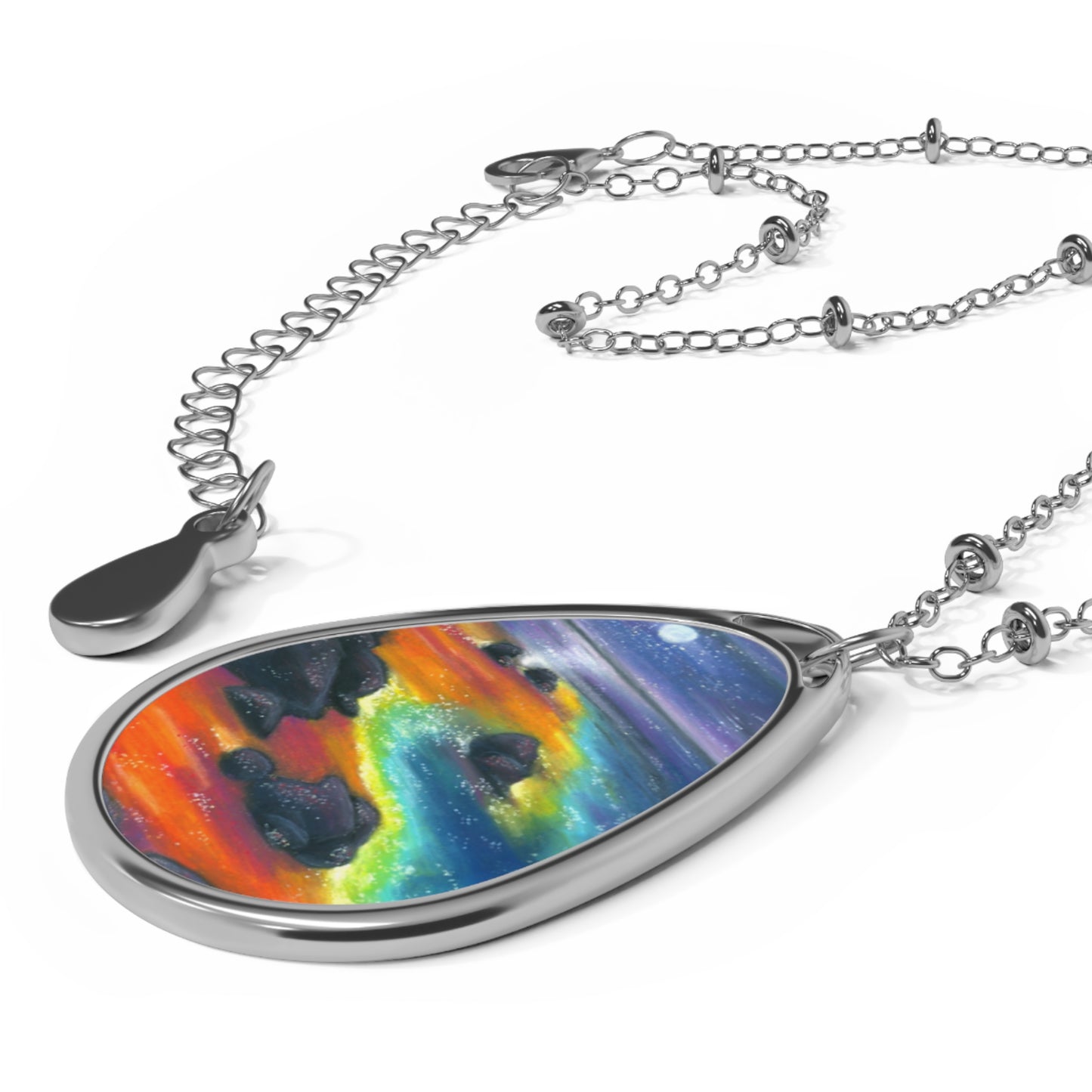 Silver Oval Pendant Necklace with Hand-painted Boho Night Beach Nature Art
