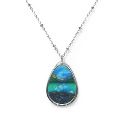 Silver Oval Pendant Necklace with Hand-painted Teal Mountain Lake Nature Art