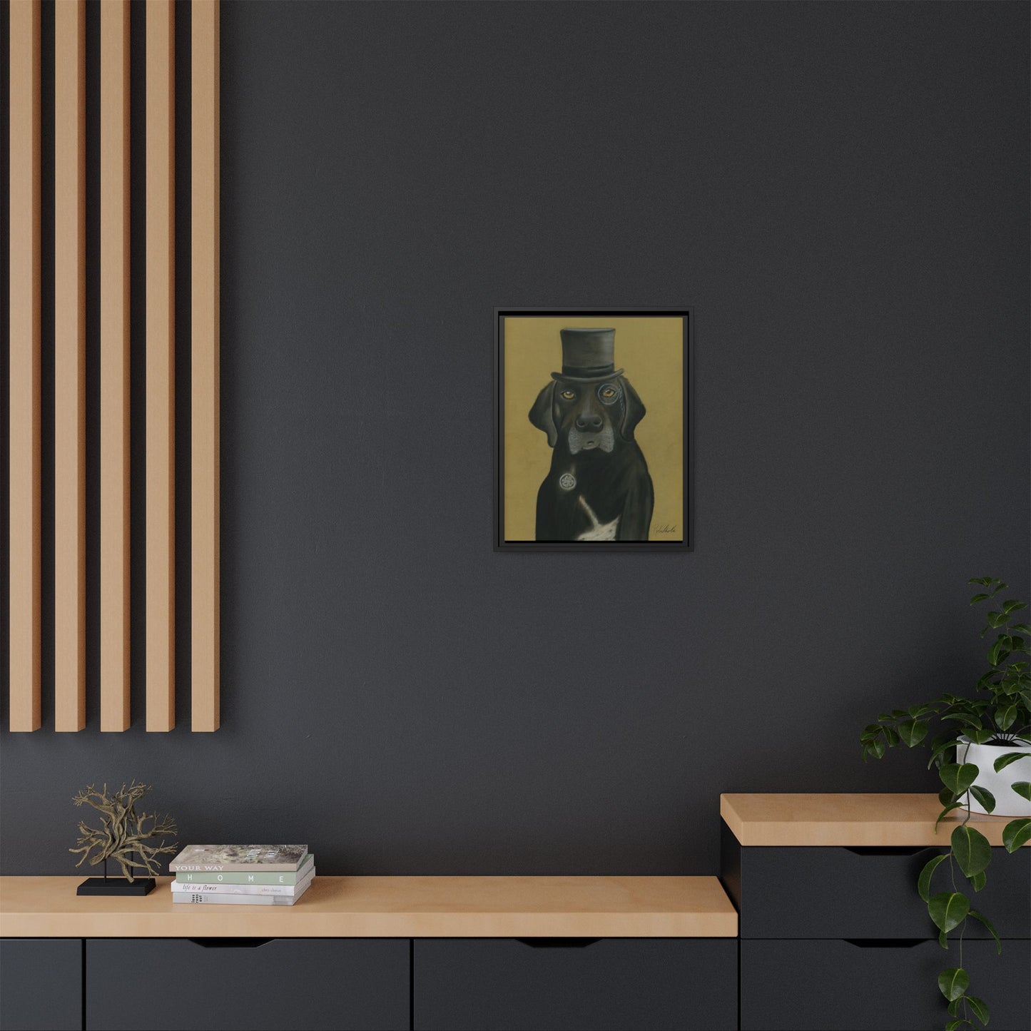 Black Lab Dog in Top Hat Framed Wall Art