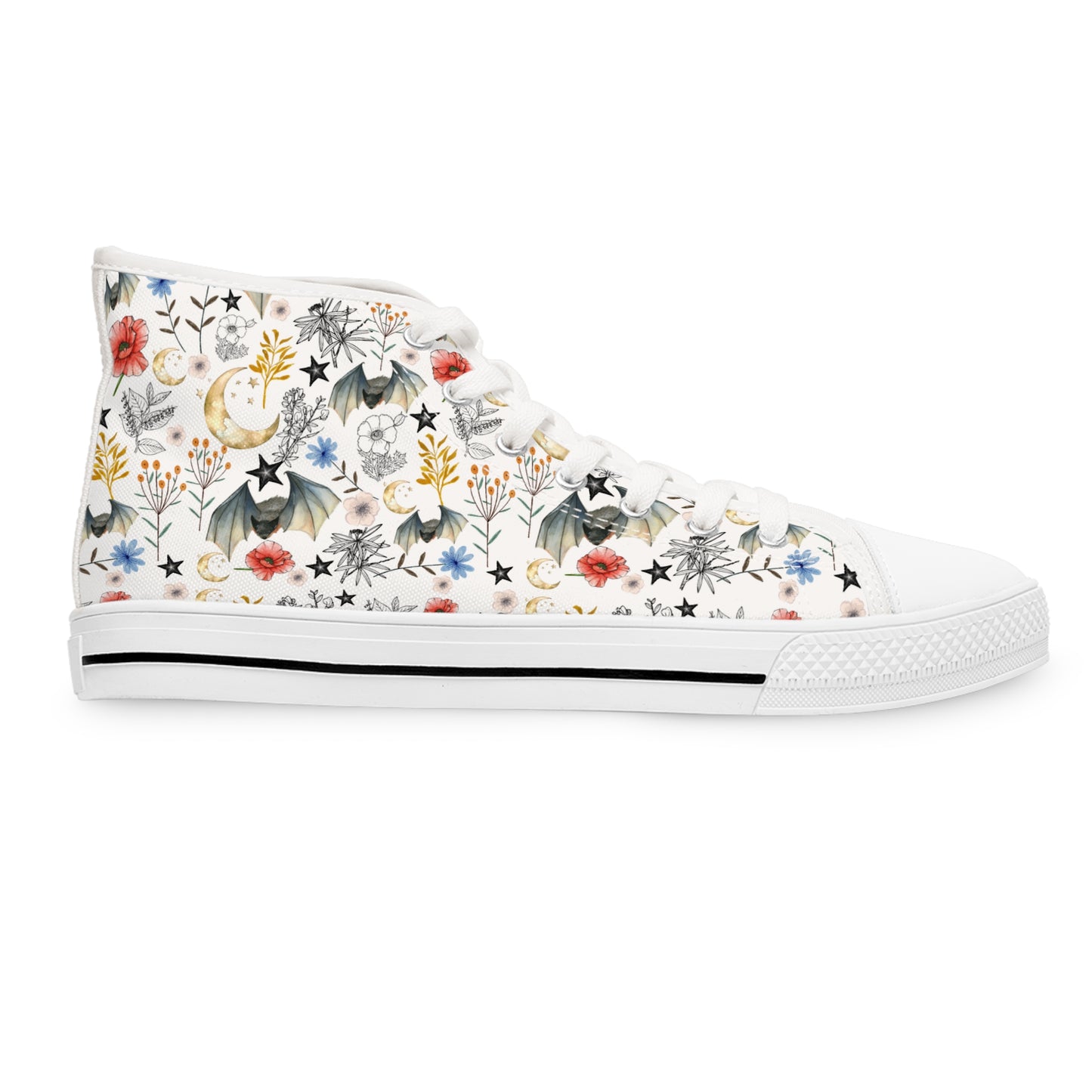 Floral Botanical Bat High Top Sneakers — Women's Vintage Wildflower Animal Print