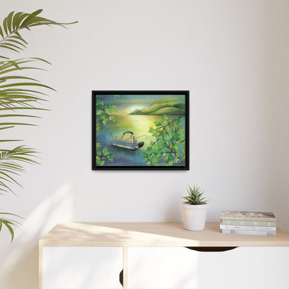 Pontoon Boat on Lake Framed Wall Art