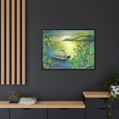 Pontoon Boat on Lake Framed Wall Art